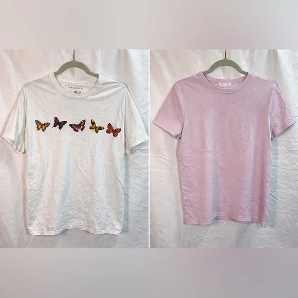 PacSun Butterfly Graphic Tee + Zara Pink Basic T Shirt Bundle Size L - Picture 1 of 9